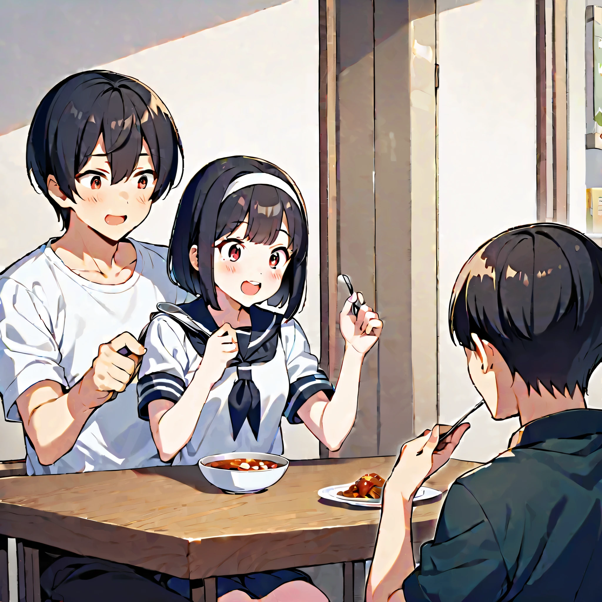 1girl, blush, short hair, open mouth, bangs, seifuku, black hair, red eyes, 1boy, holding, sitting, jacket, white shirt, short sleeves, hairband, food, open clothes, teeth, indoors, white skin, seifuku, cup, sailor, siblings, eating, table, plate, bowl, wide-eyed, white hairband, spoon, brother and sister, rice, holding spoon, curry, smile and funny.