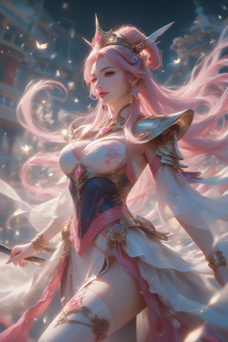 A beautiful anime-style girl, her image reflected in the large blade of a sword, woman, laughing, open mouth, bangs, animal ears, earrings, slightly parted lips, teeth, tongue, pink eyes, masterpiece, surrounded by flowers, breasts