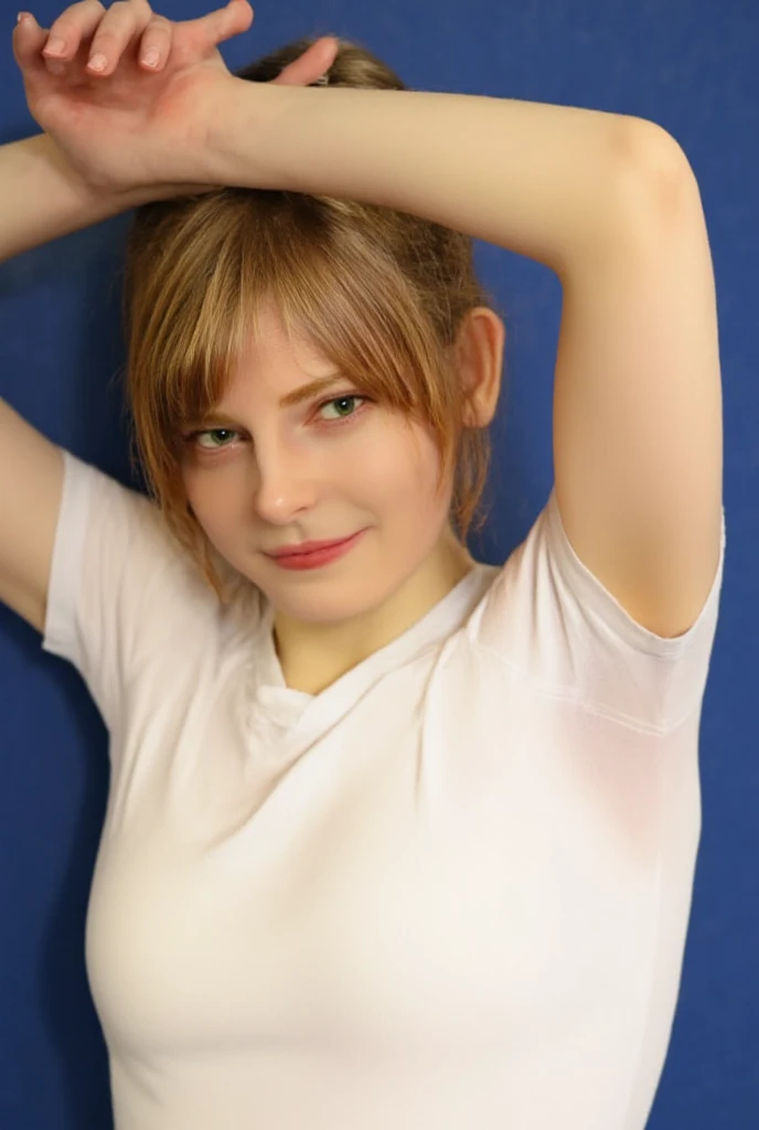 Realistic portrait of a beautiful 16-year-old blonde Dutch high school girl.
3-quarter front upper body shot, sharp focus, 16K resolution.
She is threatened by the audience and rolls up the sleeves of her white short-sleeved t-shirts to her shoulders to show the audience her armpits.
Her armpits are silky smooth but wet and shiny with sweat.
The audience's attention is focused on her beautiful sweaty armpits.
Her armpits smell nice with vanilla and lemon, but she thinks they stink.