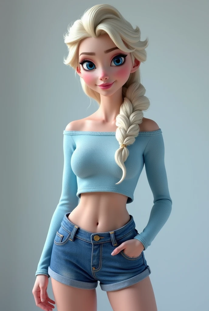 3D,tall slim faced Well Fed Elsa,literally gained a pudgybelly,Trying to wear jeans but they don't fit because she gained put on weight,fullbodyimage,Raised Eyebrows, Half-Closed Eye,plumpbody,The button on the jeans does not close because of her belly,navel piercing,pinching Pudgy Belly,