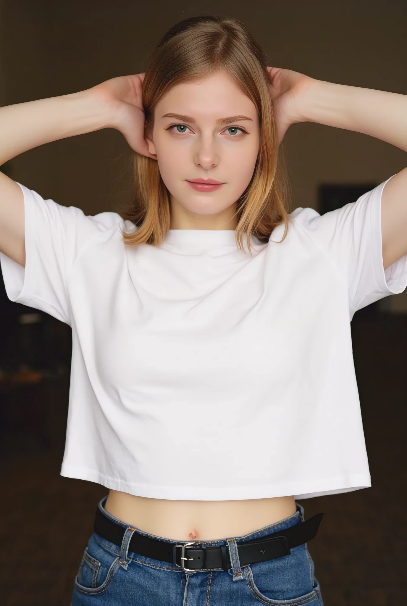 Realistic portrait of a beautiful 16-year-old blonde Dutch high school girl.
3-quarter front upper body shot, sharp focus, 16K resolution.
She is threatened by the audience and rolls up the sleeves of her white short-sleeved t-shirts to her shoulders to show the audience her armpits.
Her armpits are silky smooth but wet and shiny with sweat.
The audience's attention is focused on her beautiful sweaty armpits.
Her armpits smell nice with vanilla and lemon, but she thinks they stink.