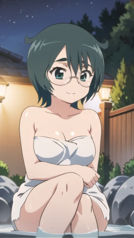  a girl, Alone, dark green hair, short hair, glasses, sonrisa, onsen, night, crossing legs, foot fetish, bathing, naked towel, sitting, 