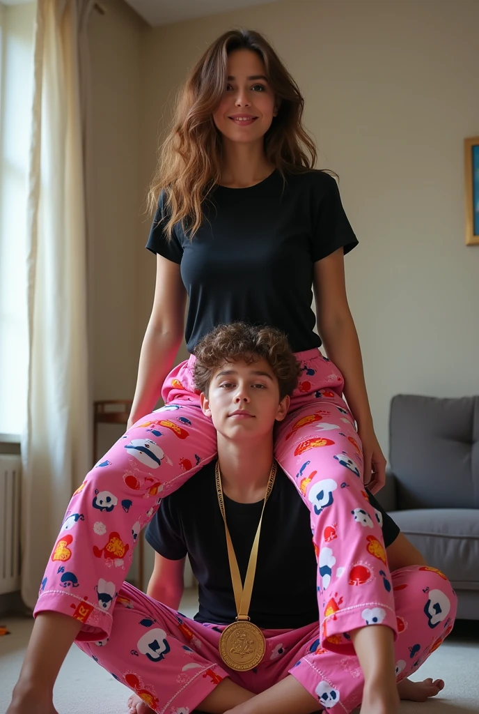 -yeld boifting and carrying a beautiful woman who kisses his cheek