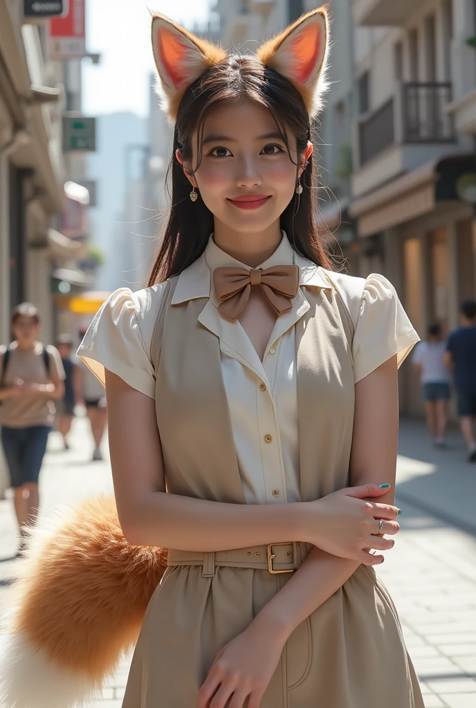 (( top quality, 8k)), ((masterpiece)), ( highest resolution), perfect face, woman with fox ears , A woman with a tail , Beauty , She's a college student , It was taken on the street, Only one tail, she has thick thighs , Her big fox tail , her fox tail is visible , She wags her tail, She wears a bow tie , she's wearing a pretty costume, big hips, she has 1 tail growing on her butt , her fox tail is sticking out , Her tail is brown , smile
