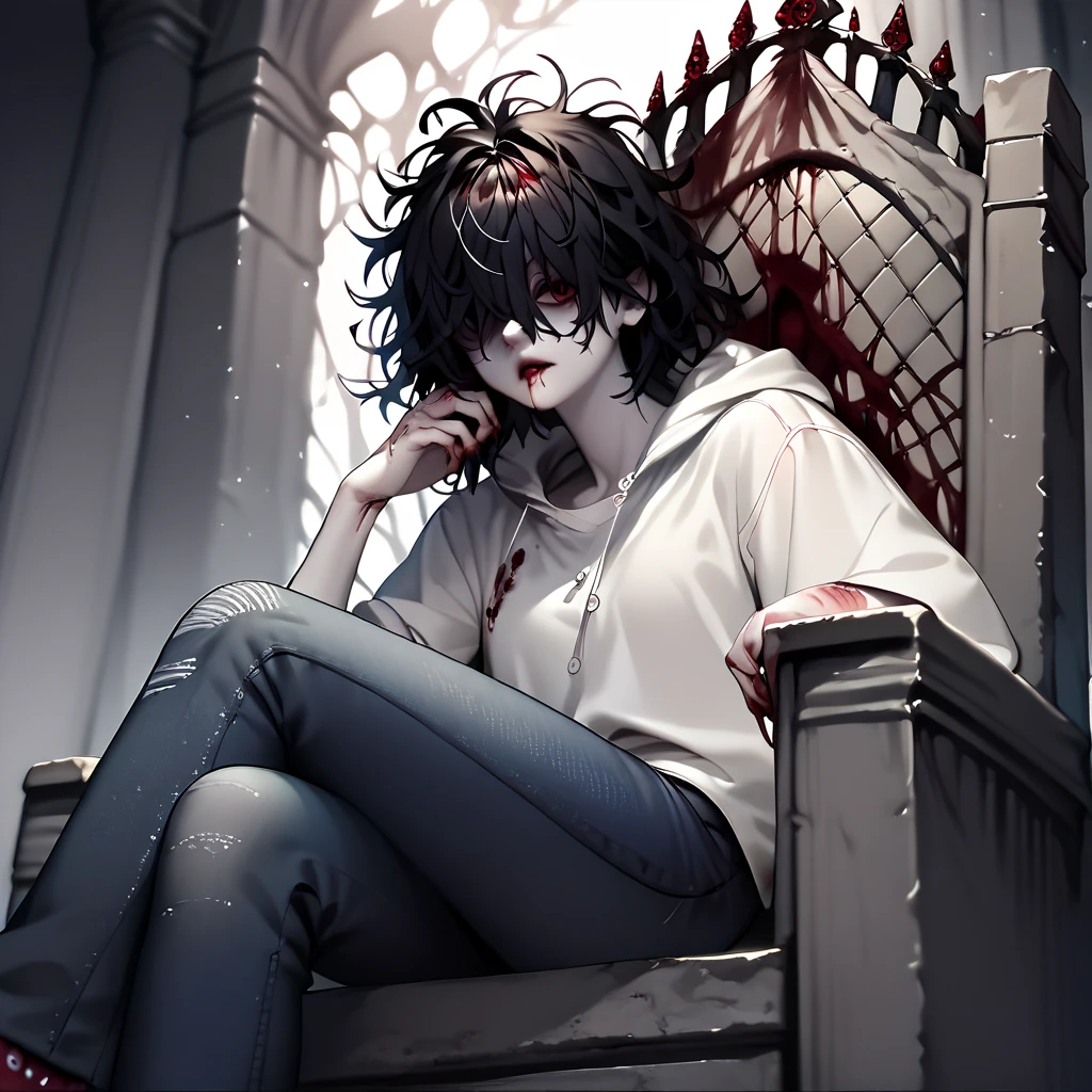 sitting, throne, horror, eyes in odd places, black hair, messy hair, pale skin, curse, blood marks, black hood, red eyes, hair over eyes, jeans, white shirt