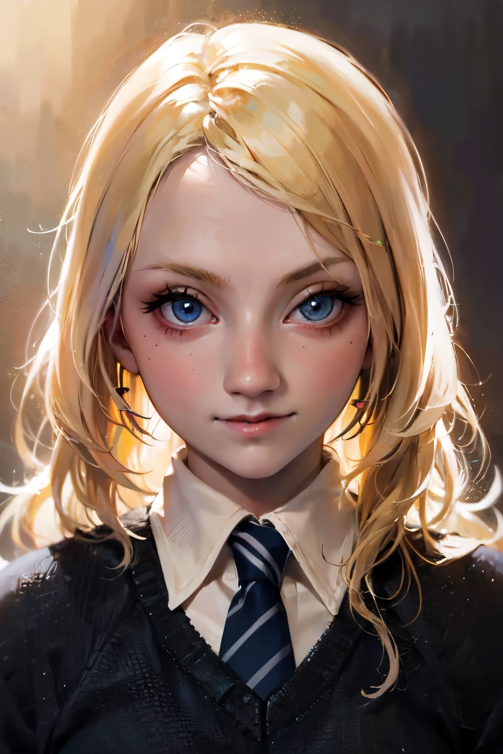 A beautiful young girl with long blonde hair, dreamy blue eyes, and a whimsical expression, 1girl, extremely detailed eyes and face, longeyelashes, delicate facial features, Luna Lovegood, magical fantasy, portrait, cinematic lighting, ethereal, radiant skin, intricate details, soft color palette, glowing aura, impressionistic, (best quality,4k,8k,highres,masterpiece:1.2),ultra-detailed,(realistic,photorealistic,photo-realistic:1.37)