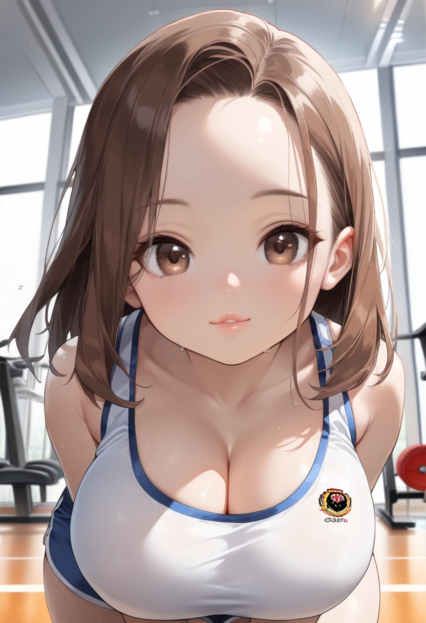 (8k, best quality, masterpiece, clear, ultra high res, super detail, accurate, high details,  highres icon, beautiful face, Detailed face, beautiful eyes, Detailed eyes:1.1),(One Woman,Age 30,mother),(face focus), ( very big breasts,  huge breasts , Big Breasts),  big thighs ,  brown hair, Forehead,  Medium Hair ,  dark brown eyes,  plump lips  ,  white tank top,Blue shorts, FITNESS GYM , realistic , Photorealistic