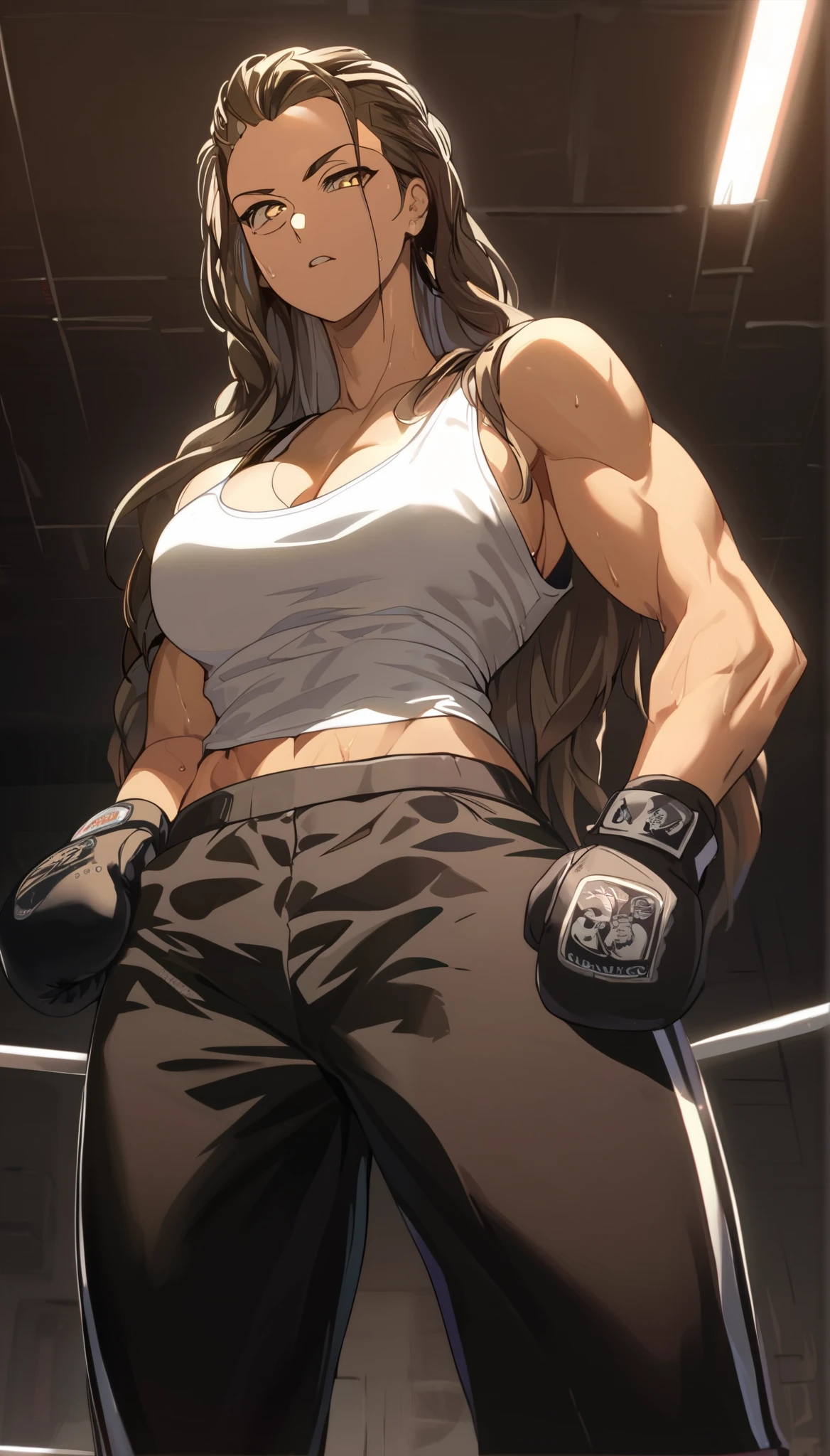 black hair,masterpiece,best quality,highres,ultra-detailed,aashizue,yellow eyes,long hair,cargo pants,(tank top:1.2), boxing gloves,cleavage,toned, sweating, (sleeveless:1.4),cowboy shot,