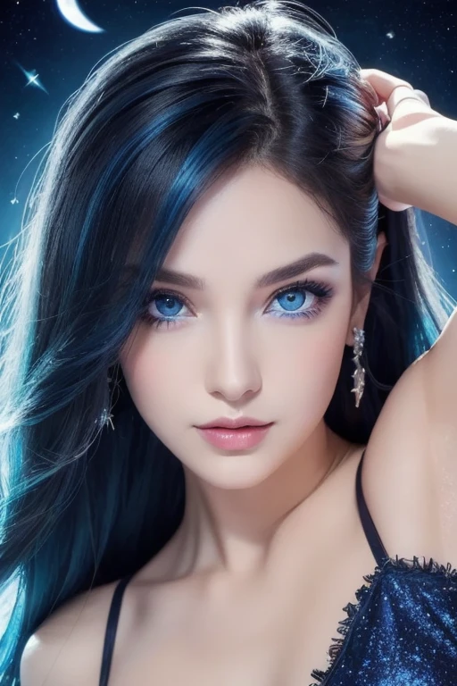 ( high quality , Super detailed, Watch your hands )Zodiac sign - Scorpio goddess , Similar to the goodness of Latin . Optimistic, fair, Funny and intelligent face . recklessness, Ruthless, impatient, Overconfident style . Dark blue eyes (Eye details) , Sparkling deep blue hair , Transparent dress , In the sea of shining stars , whole body , Fire makeup look , God Chiron