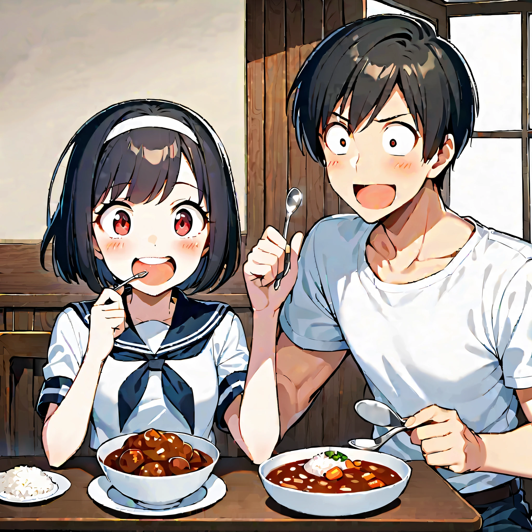 1girl, blush, short hair, open mouth, bangs, seifuku, black hair, red eyes, 1boy, holding, sitting, jacket, white shirt, short sleeves, hairband, food, open clothes, teeth, indoors, white skin, seifuku, cup, sailor, siblings, eating, table, plate, bowl, wide-eyed, white hairband, spoon, brother and sister, rice, holding spoon, curry, smile and funny.