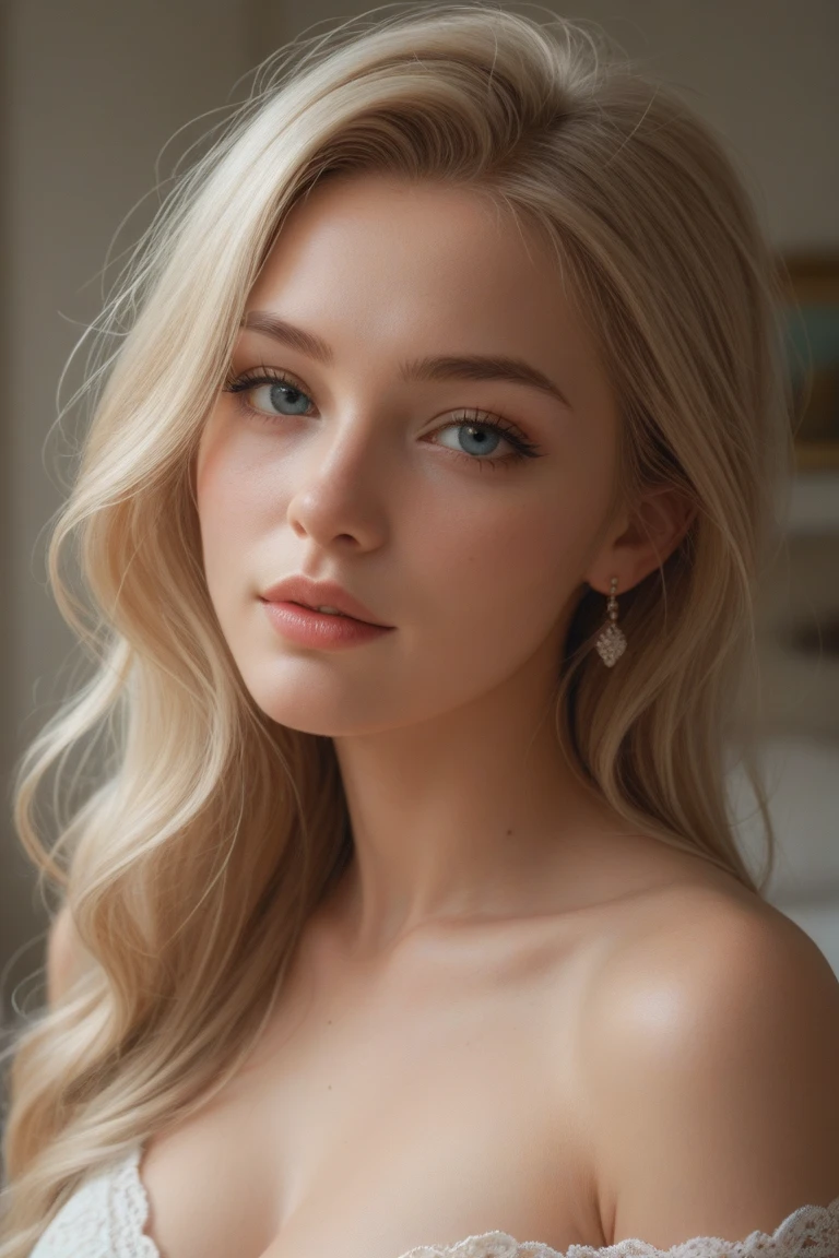 (realistic、masterpiece、Best Quality、8K、highres、high resolution:1.3)、1 russian girl、smile, Gigantic breasts、white bikini、pale white skin、looking at viewers、super fine face and eyes、long blonde hair、indoor、 upper body、