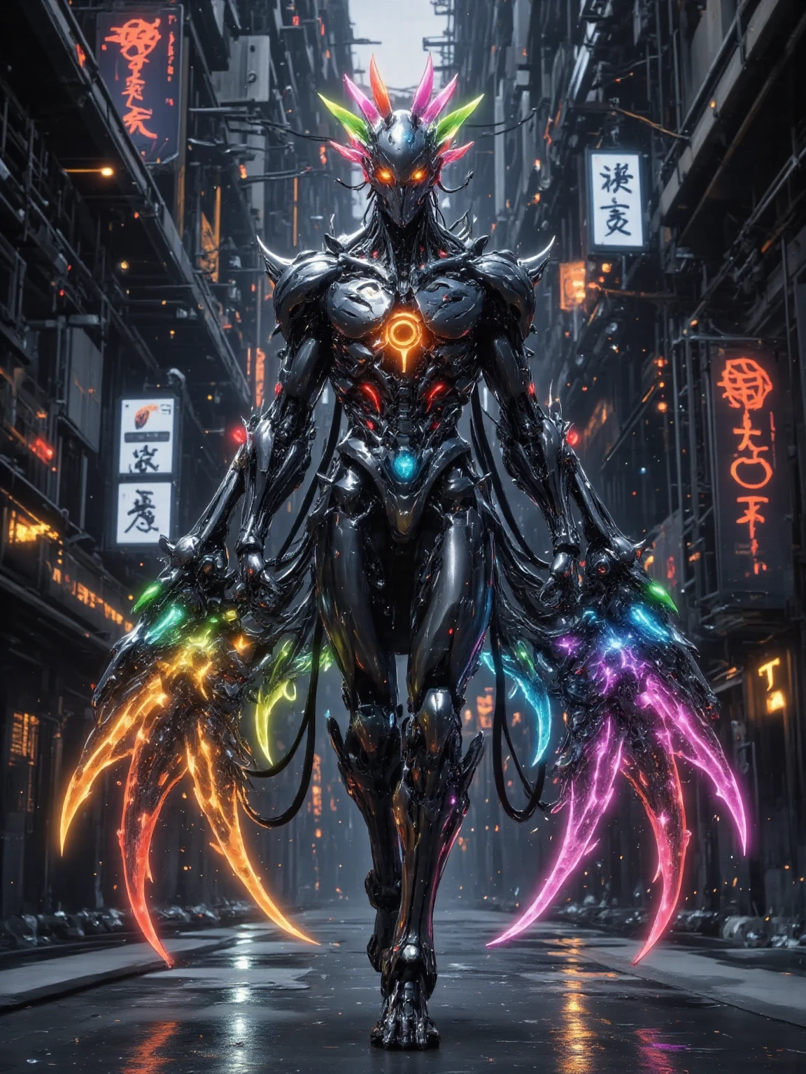  A highly realistic cyberpunk-style illustration of a majestic non-human rooster， Facing the viewer directly with a threatening expression。 The rooster's body should have intricate patterns、 colorful neon patterns ，Gradient effects ， can produce glowing effects 。 The colored parts should be more obvious and bright。 The panther should be made of black metal，With smooth、 Aggressive and futuristic design。 The entire rooster should be visible in the illustration， Walking towards the viewer with a threatening look。 The rooster's eyes should show different colors。 The night background should be dark 、 futuristic cityscape ， Neon lights reflecting off the rooster's smooth fur， Contrast with the bright patterns on the rooster's body。 The background should include cyberpunk elements，Such as holograms、 Tall skyscrapers and dark alleys。 The whole scene should convey a futuristic energy and mystery。 The image should have the highest resolution UHD 