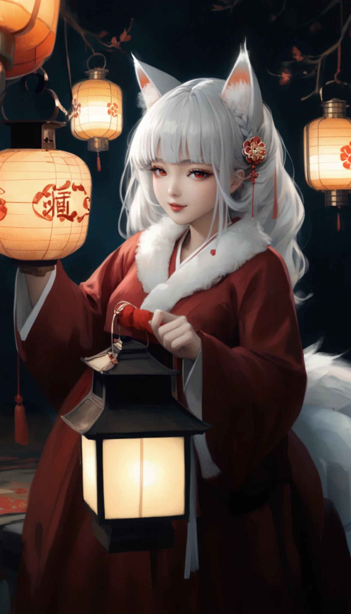 (masterpiece,  best quality :1.2), 1 woman,  alone, Gumiho, 여자 Gumiho,  Korean girl, Fox ears, fox tail, Hanbok,  white hair, Joseon dynasty houses, ( huge boobs :1.4),  red eyes, Lantern ,  long hair , 검은색 Hanbok