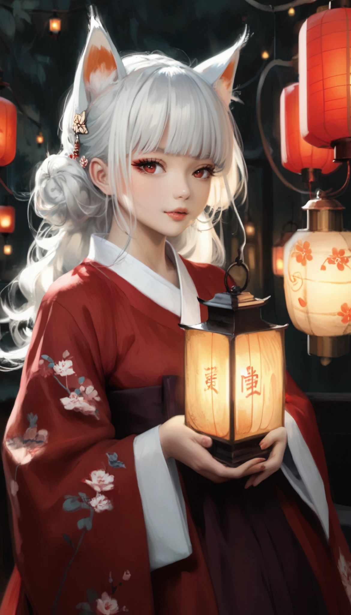 (masterpiece,  best quality :1.2), 1 woman,  alone, Gumiho, 여자 Gumiho,  Korean girl, Fox ears, fox tail, Hanbok,  white hair, Joseon dynasty houses, ( huge boobs :1.4),  red eyes, Lantern ,  long hair , 검은색 Hanbok