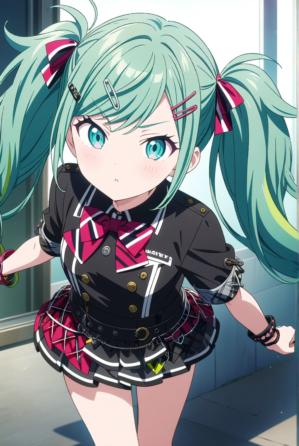 leomiku\(Project Sekai\),Safety pin hair clip,green hair,long hair,twintails,multicolor hair,,aqua eyes,skirt,bow,black shirt,highest quality:1.2,Anime artwork,Anime Style,Studio Anime,Very detailed,masterpiece:1.2