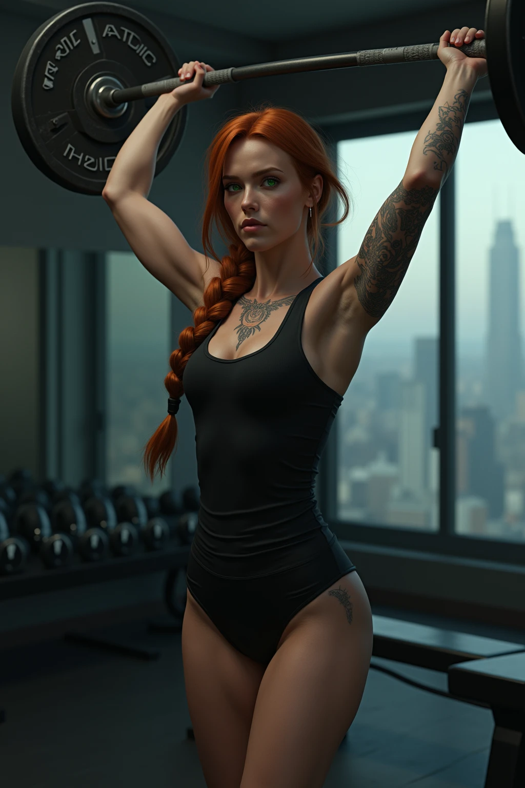 RAW highly detailed, realistic, woman, training LPO, snatch, crossfit, strong, thin, red hair, light skin, dark clothes