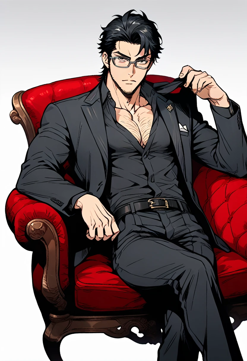 Create an image showing a man, with masculine and subtly robust features, an adult face and a serious expression, dressed in a black suit, with black hair and dark grey eyes, the man looking young but robust, and he is in a luxurious and individual red velvet sofa, the entire image is anime style. The man has no facial or body hair, his suit is completely black, he has a carefree appearance and wears thin, stylish grey glasses. The man has a muscular and slightly robust physique, his jaw is toned and his face is handsome, and he is also physically attractive. The atmosphere of the image is warm and dark, but at the same time slightly illuminated from the top. 