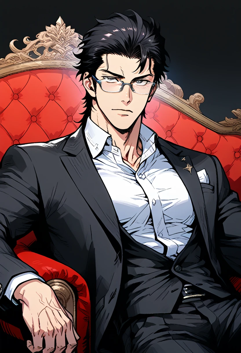 Create an image showing a man, with masculine and subtly robust features, an adult face and a serious expression, dressed in a black suit, with black hair and dark grey eyes, the man looking young but robust, and he is in a luxurious and individual red velvet sofa, the entire image is anime style. The man has no facial or body hair, his suit is completely black, he has a carefree appearance and wears thin, stylish grey glasses. The man has a muscular and slightly robust physique, his jaw is toned and his face is handsome, and he is also physically attractive. The atmosphere of the image is warm and dark, but at the same time slightly illuminated from the top. 