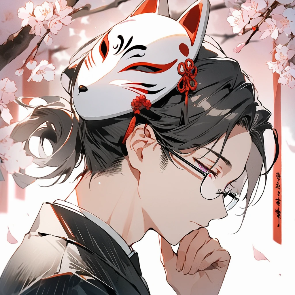 (1boy, male, male性), Alone, portrait, black hair, swept bangs, rimless eyewear,  black necktie, black jacket, white shirt, fox mask, cover your face with a mask, cherry blossoms, white fox on the background, half-closed eyes, Contrast, professional quality, high resolution, high quality, [[multicolored eyes<reflection]], [[multicolored eyes<glass-like watercolor painting]], delicate writing,hand on neck