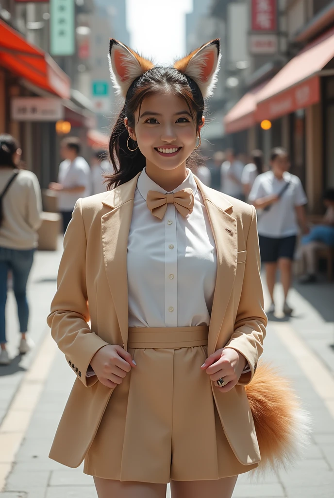 (( top quality, 8k)), ((masterpiece)), ( highest resolution), perfect face, woman with fox ears , A woman with a tail , Beauty , She's a college student , It was taken on the street, Only one tail, she has thick thighs , Her big fox tail , her fox tail is visible , She wags her tail, She wears a bow tie , she's wearing a pretty costume, big hips, she has 1 tail growing on her butt , her fox tail is sticking out , Her tail is brown , smile
