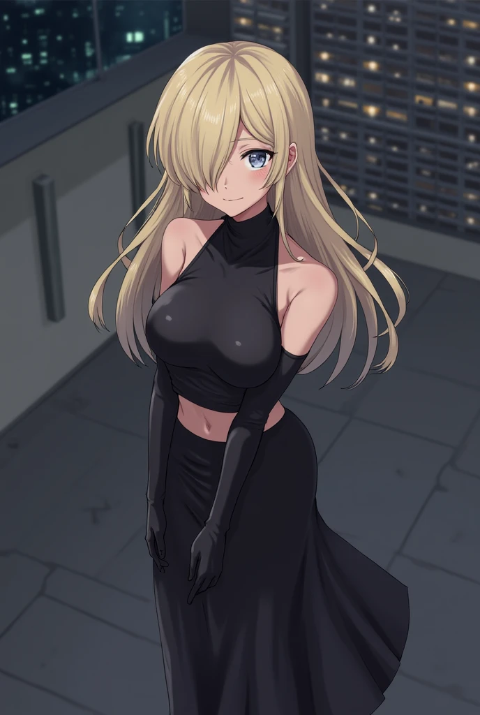 Safe for work, masterpiece, best quality, solo, 1 girl, facing forward, looking at camera, (young female body:1.4), ( medium small breasts), slender legs, golden yellow hair, extra long hair, blunt bangs, crystal blue eyes, very detailed eyes, hallway background, ponytail, standing, leaning forward, erotic, black dress, long form fitting dress, tight black dress, silver details, flustered expression, arched back, arching her back, cocktail dress, extra short dress,very short dress, sleeveless dress