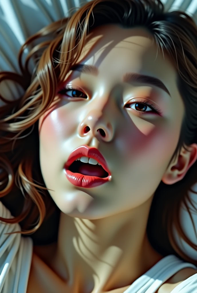 Side view of a young Asian woman,His mouth opened wide and he shouted loudly in anger...,watercolor,abstract art,greatly exaggerated