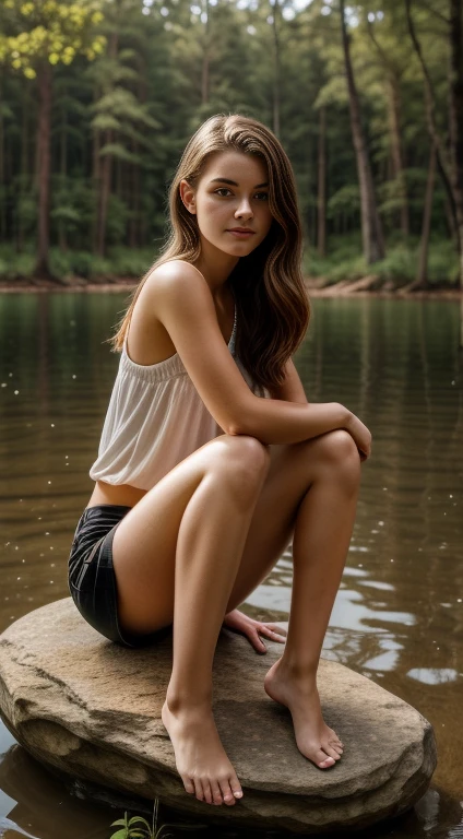 Creates a very beautiful young woman with a delicate face, 18 years old, sitting on a stone by a lake in the forest with her legs apart