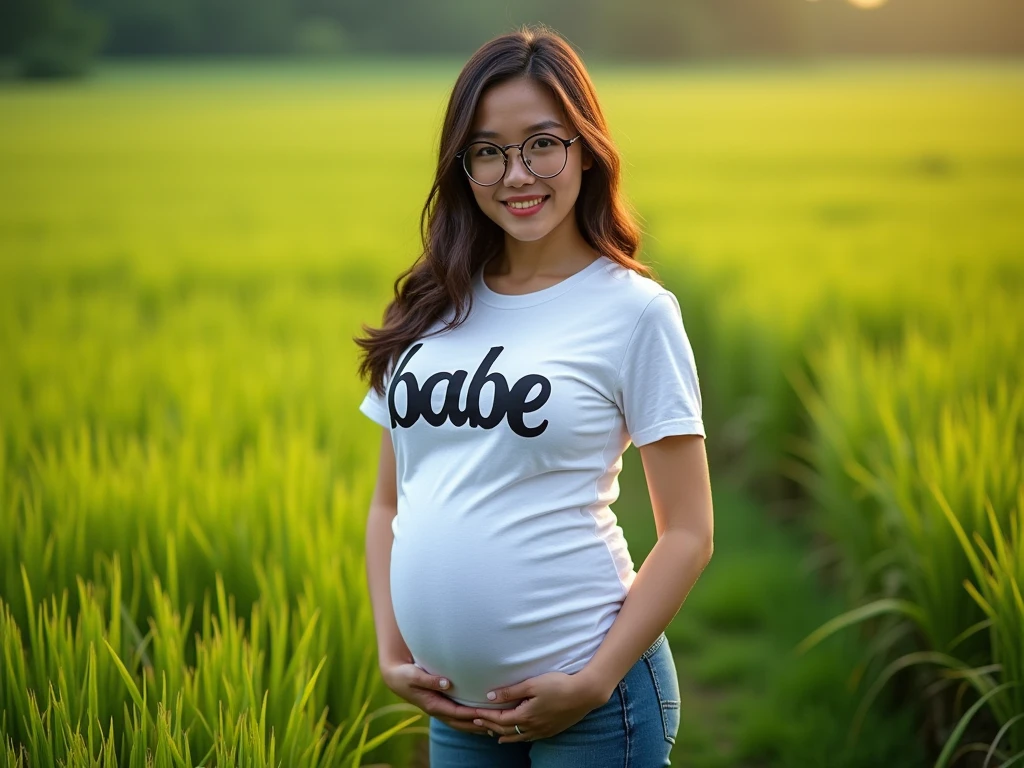 Beautiful young 17 year old Japanese woman, 4 months pregnant wearing a pink shirt wearing sexy white shorts
place in the rice fields