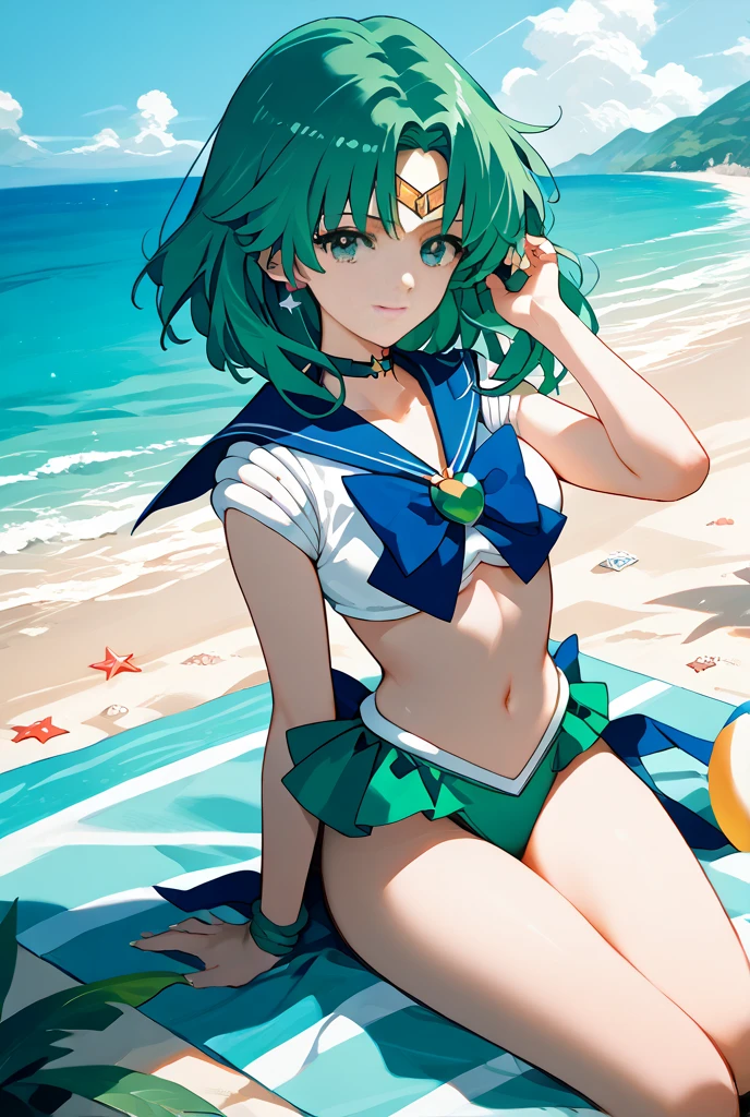 Source_9_up, source_8_up, source_7_up,, source_anime, ((masterpiece)), (best quality), (ultra-detailed), sailor neptune, green eyes, green hair, medium hair , bikini, turquoise bikini, beach, solo.