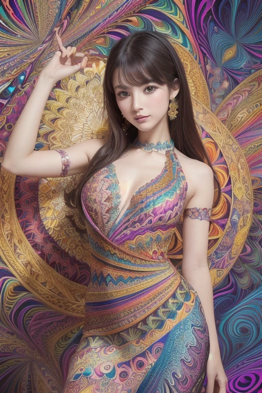 (masterpiece, top quality, best quality, official art, beautiful and aesthetic:1.2), (1girl:1.3), extremely detailed,(fractal art:1.2),colorful,highest detailed,(zentangle:1.2), (dynamic pose), (abstract background:1.5), (treditional dress:1.2), (shiny skin), (many colors:1.4), upper body