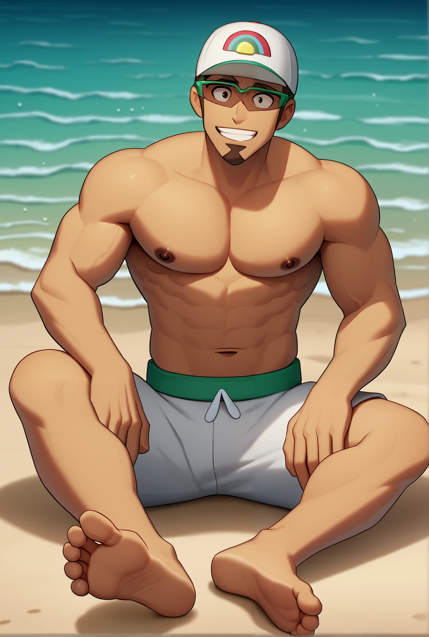 1 male, muscular, only, strong,   smiling at the spectator ,  short hair, baseball cap, glasses,  hair bow ,  brown hair, facial hair, beard,  tanned skin : 1.6,  masterpiece,    better quality ,  better quality,   masterpiece, anime style XL  , yaoi ,  on sand and water  , Sitting naked ,  barefoot on the floor detailed feet ,   muscular pectorals big dark nipples ,   bottom view  .  perfect full body - feet in the foreground 