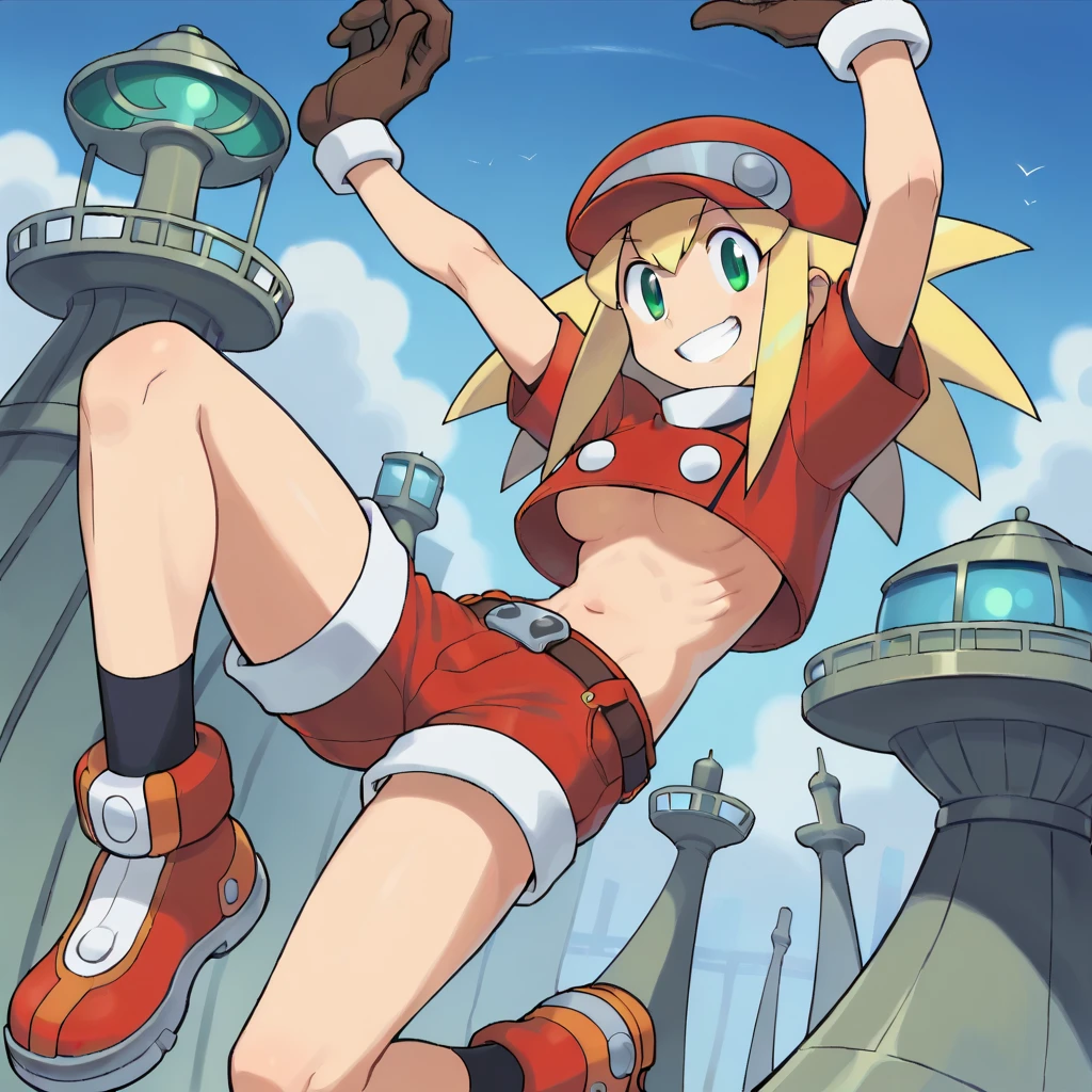 score_9, score_8_up, score_7_up, source_anime, 
ishikawa hideki style, roll caskett (mega man), ((CROPTOP)) hair between eyes, bangs, long hair, spiked hair, blonde hair, green eyes, red cabbie hat, brown gloves, red jacket, short sleeves, spandex, brown belt, cropped jacket, bike shorts under red shorts, red boots, navel, ((UNDERBOOBS)) OMBLIGO EXPUESTO, SEXY, VERY SKINNY, RIBS, ARMS UP, TOPLESS, (Extremely slim and boney waist:1.3),The ribs are very noticeable，The hip bone is very noticeable，The pelvis is very visible，The abdomen is extremely sunken，Extremely malnourished abdomen，(Extremely thin and slender body:1.5) Extremely correct hand structure，Ultimate hand detail，(extremely Slim:1.2)，(extremely Skinny),very boney，solo person wear croptop，underboobs, (extremely and :1.2 A photo you will never get again, Inexplicable high resolution, The cutest girl in the world, Ultra high definition eyes, Eyes that seem to draw you in, Jewel-like eyes, very slender, clavicle, , spaceship on the background, blue sky, grin, shoulder, jumping over and spread her legs, outside, sneakers, excentric pos