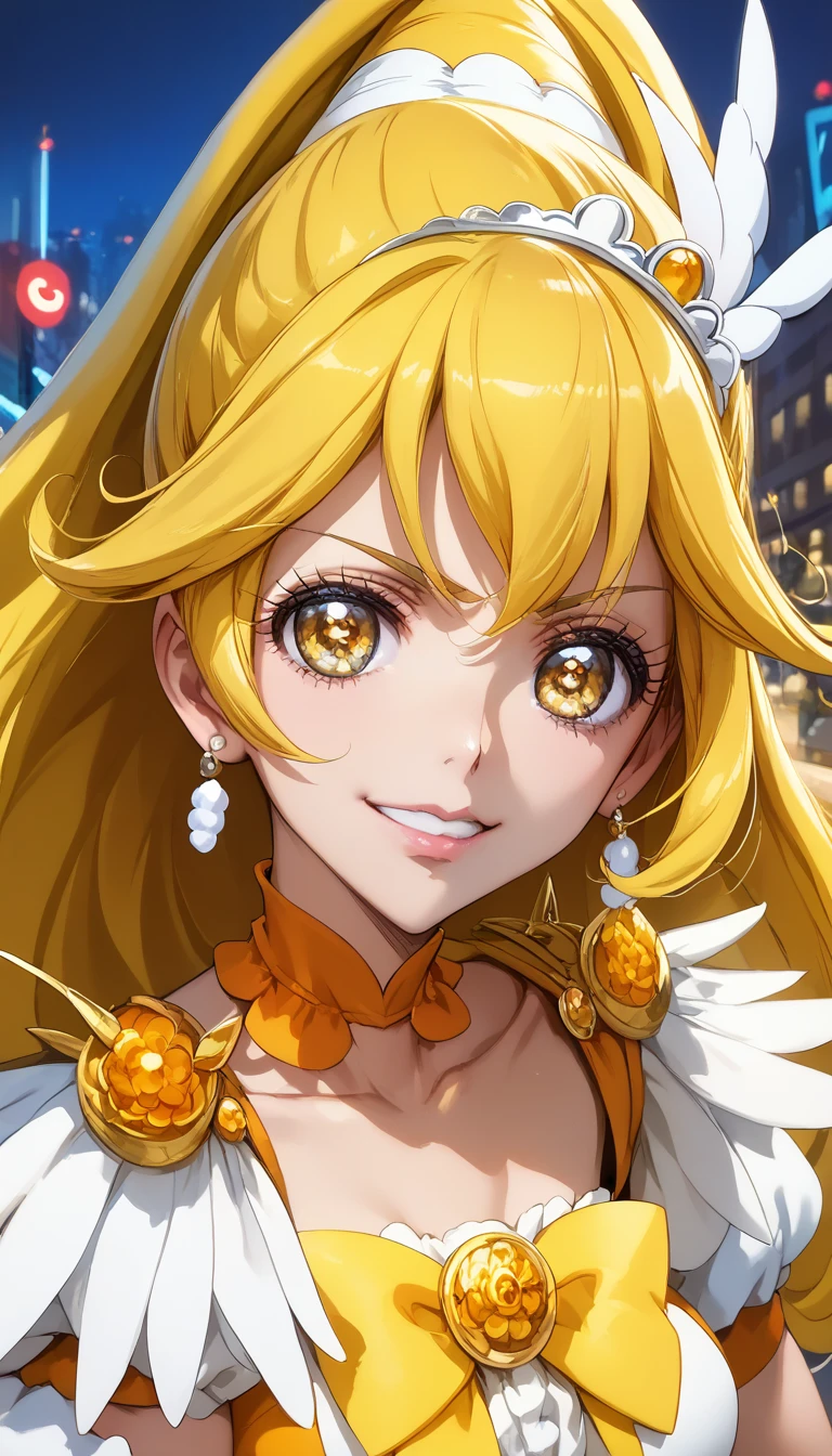  high resolution ,  Masterpiece, precise,  best quality ,  High Detail , โมเดล high resolution ,  Background Converter, City at night, From the Pretty Cure series, , Cure Peace, Long hair, Yellow hair, Golden eyes,  White pupil,  medium bust , PUT ON A PREQUEUE