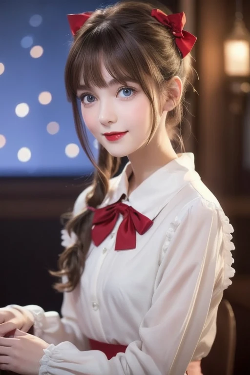 (extremely delicate and beautiful: 1.2), 1 girl, hits, Blue eyes, blur, blur background, bow, Brown hair, Shut up, side view, hair between the eyes, hair bow, lantern, light particles, long sleeves, look looking at the audience, medium hair, evening, red bow, Alone, stars(Symbol), Upper part of the body, SMILE, Red lips