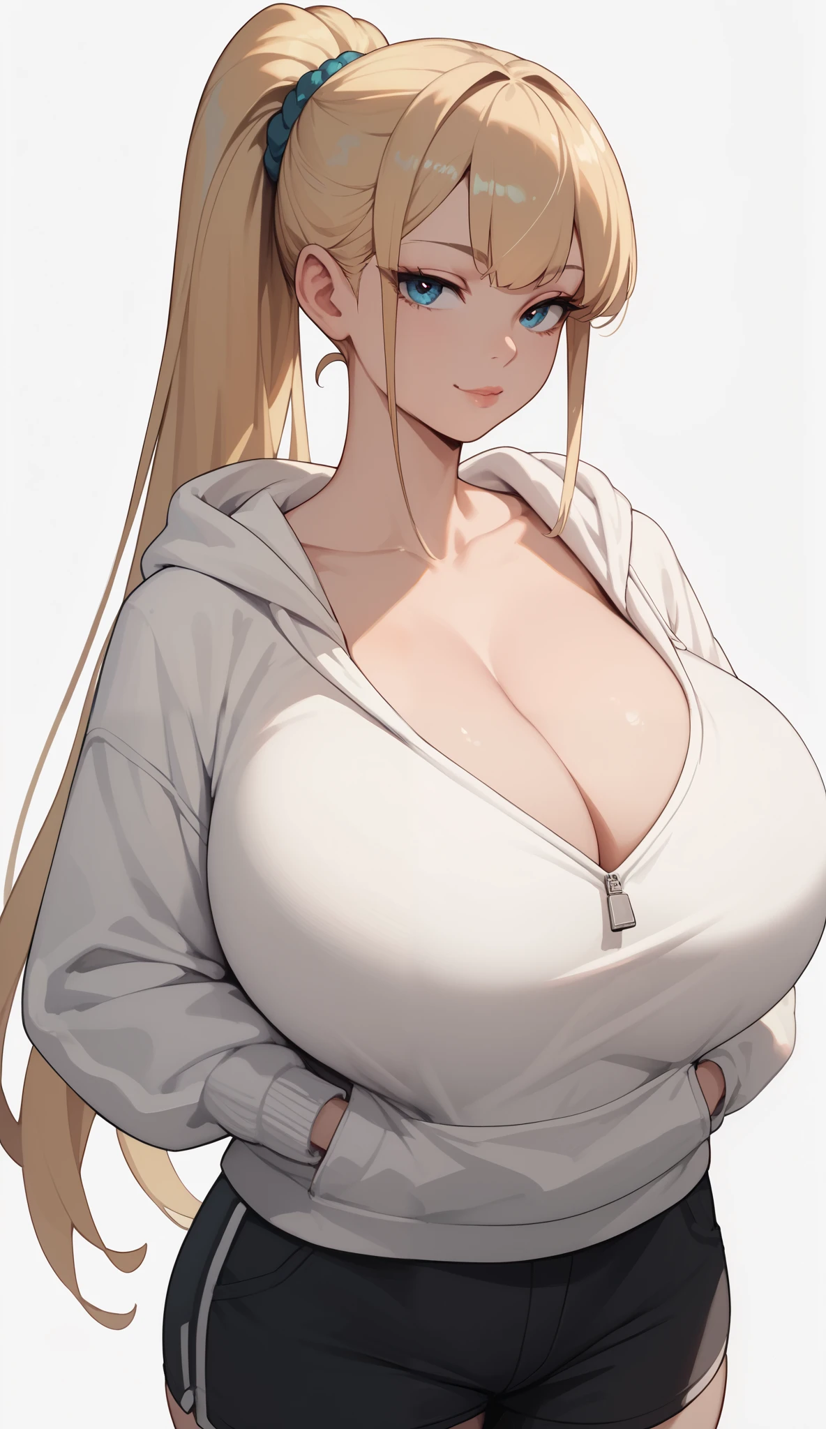 1girl, solo, young, seductive, perfect eyes, sexy body, long blonde Twintail hairstyle, massive breasts, white hoodie, black trunks, very detailed, HD, plain background