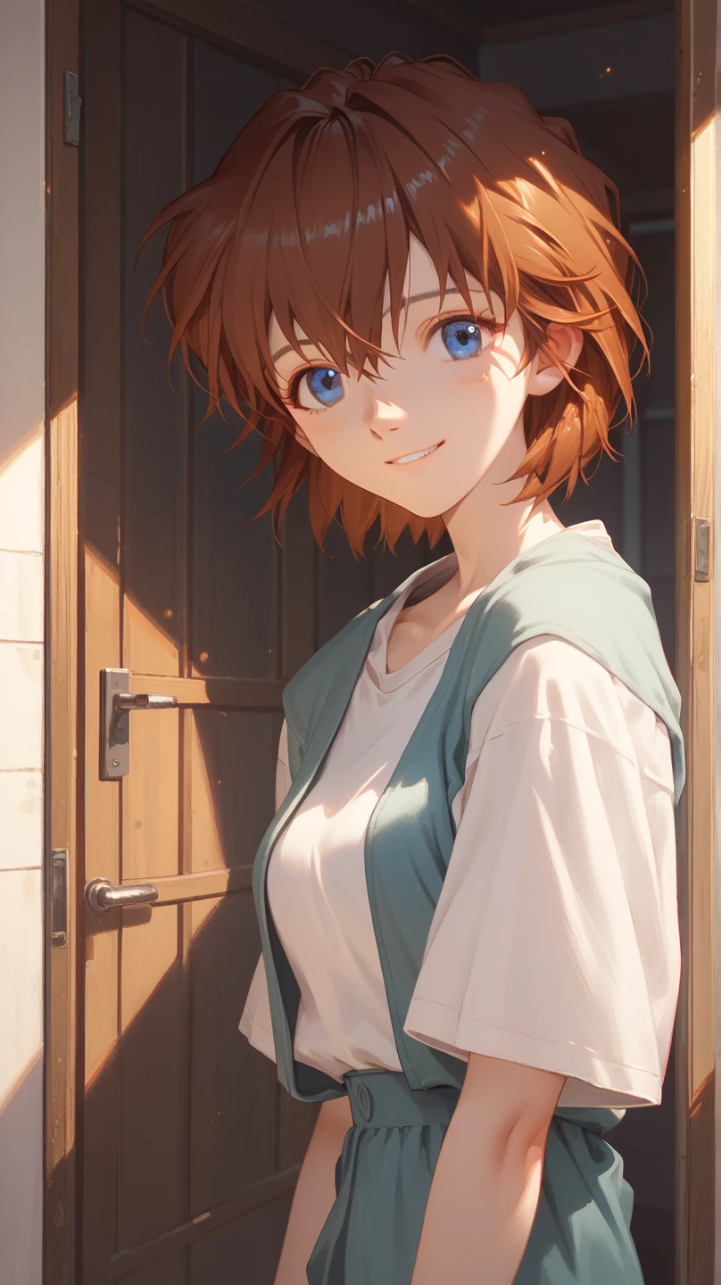 Mana Kirishima, Evangelion style, blue eyes, perfect eyes, hand perfect, adult woman, short hair, brown hair, Girlfriend, waiting for you at the door of your house, with a smile, to have a date with you, looking at the viewer.


