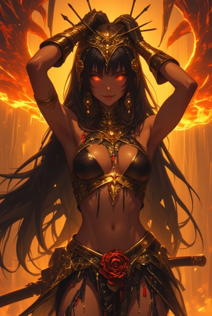 Appearance: black skin, fiery hair and red eyes // Accessories: gloves and stone crown // goddess of volcanoes and wrath // top and skirt // alone milf