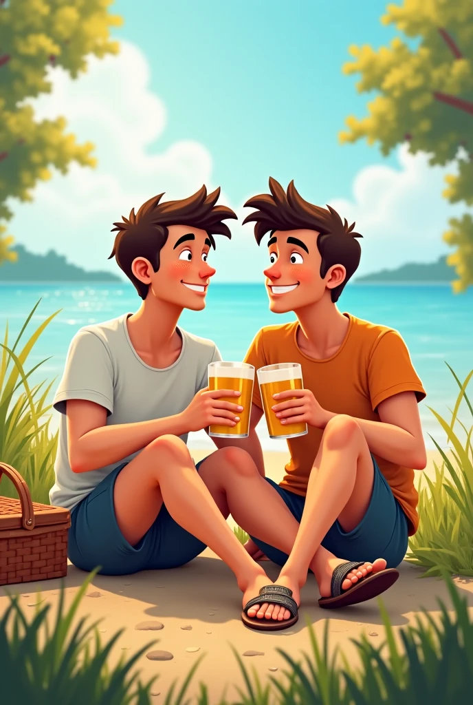 2 young men, one had a short beard and the other was not younger, drinking beer, one without a t-shirt and the other with an arraya t-shirt together.In a farm