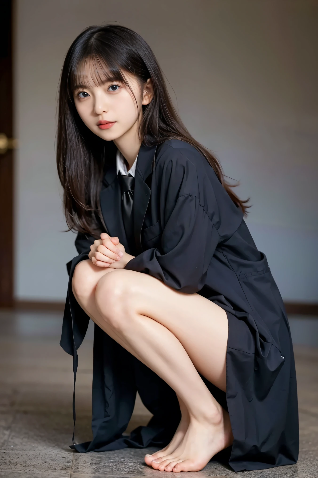 1 girl, ( watch viewer), (Bokeh: 1.1), open lips, expressionless, realistic, black tight mini skirt,
business suit, OL, Thin Thighs, Small Ass, Beautiful Legs, delicate, Japanese fashion model , Thin face,
best quality , ( photorealistic: 1.4), ultra high definition, Big mini skirt, gorgeous young Korean woman in black suit and tie , Suit Girl , Suit Girl , strict business suit wearing, business suit wearing, business suit wearing, black business suit wearing, Japanese female fashion models , black business suit wearing, wearing a fashion suit in a black suit、 wearing a black noble suit There are , Wearing a suit, black slim clothes , women posing for a photo shoot , Beautiful Japanese Girl's Face , Asian Beautiful Face, cute asian face , beautiful asian girl , girl cute little face , beautiful young Korean woman , Japan features, young cute Korean face , gorgeous young Korean woman , Young Asian Girl, beautiful Korean women with good ratios, Beautiful young asian woman , is standing facing forward, composition, I can see your knees, camera staring , is standing, full body shot , super real, Full Front , barefoot, (Face only LoRa application , barefoot)
