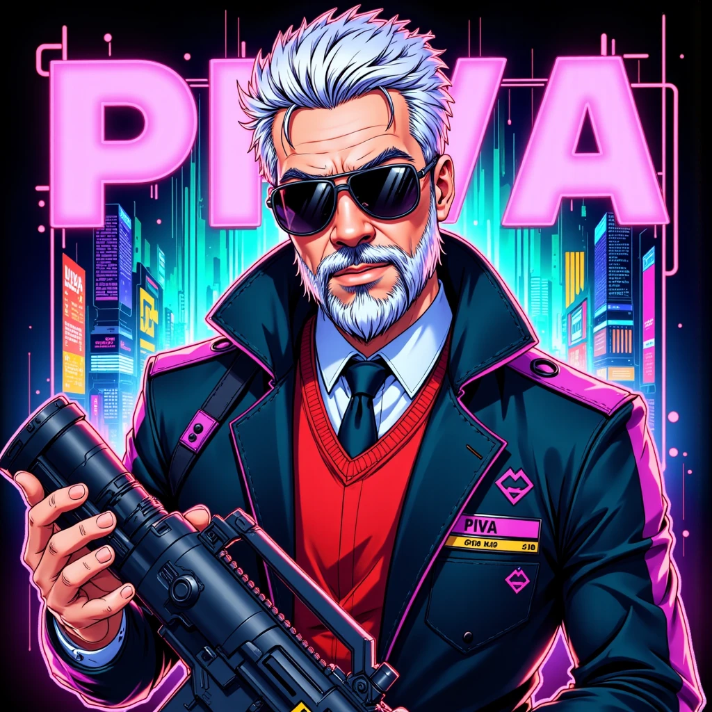 ((Masterpiece)), ((ultra-detailed)), ((vibrant neon glow)), ((cyberpunk style:1.2)) — A **semi-realistic cyberpunk-style illustration** featuring a **charismatic older male character** inspired by **PIVA**, a **futuristic soldier**. He has **spiked white hair**, a **neatly groomed beard**, and wears **stylish black sunglasses** over a **cyber-enhanced helmet with glowing optics**. His attire combines a **high-collared jacket with purple neon trim**, a **red sweater vest**, and a **formal tie**, alongside **intricate tech circuitry patterns** subtly embedded in his outfit.  

The character holds a sleek, **sci-fi weapon** with **digital HUD displays**, exuding confidence in a **slightly turned upper-body pose**. Surrounding him is a **dynamic holographic background** with **glitch effects**, **neon-drenched cityscapes**, and **pulsating tech grids**, enriched by a vivid cyberpunk color palette of **electric blues, neon purples, vivid greens, and fiery oranges**.  

The composition integrates **Cs-themed elements**, such as pixelated crosshairs, stylized kill streak symbols, and bold **“PIVA” typography** in the upper frame. Vibrant holographic overlays and shifting hues add depth and intensity, blending **semi-realism** with **stylized aesthetics**.  

The design highlights **PIVA's charisma**, merging a sophisticated cyberpunk aesthetic with the energy of **gaming culture**. It’s a balance of **futuristic technology, glowing neon details**, and **commanding presence**, perfect for **stickers or vibrant digital illustrations**.  

**(cyberpunk Piva, charismatic character, futuristic soldier, holographic effects, glitch designs, neon glow, sci-fi weapon, electric colors, Cs-themed, gaming culture, vibrant portrait, high-tech aesthetic, dynamic composition)**  