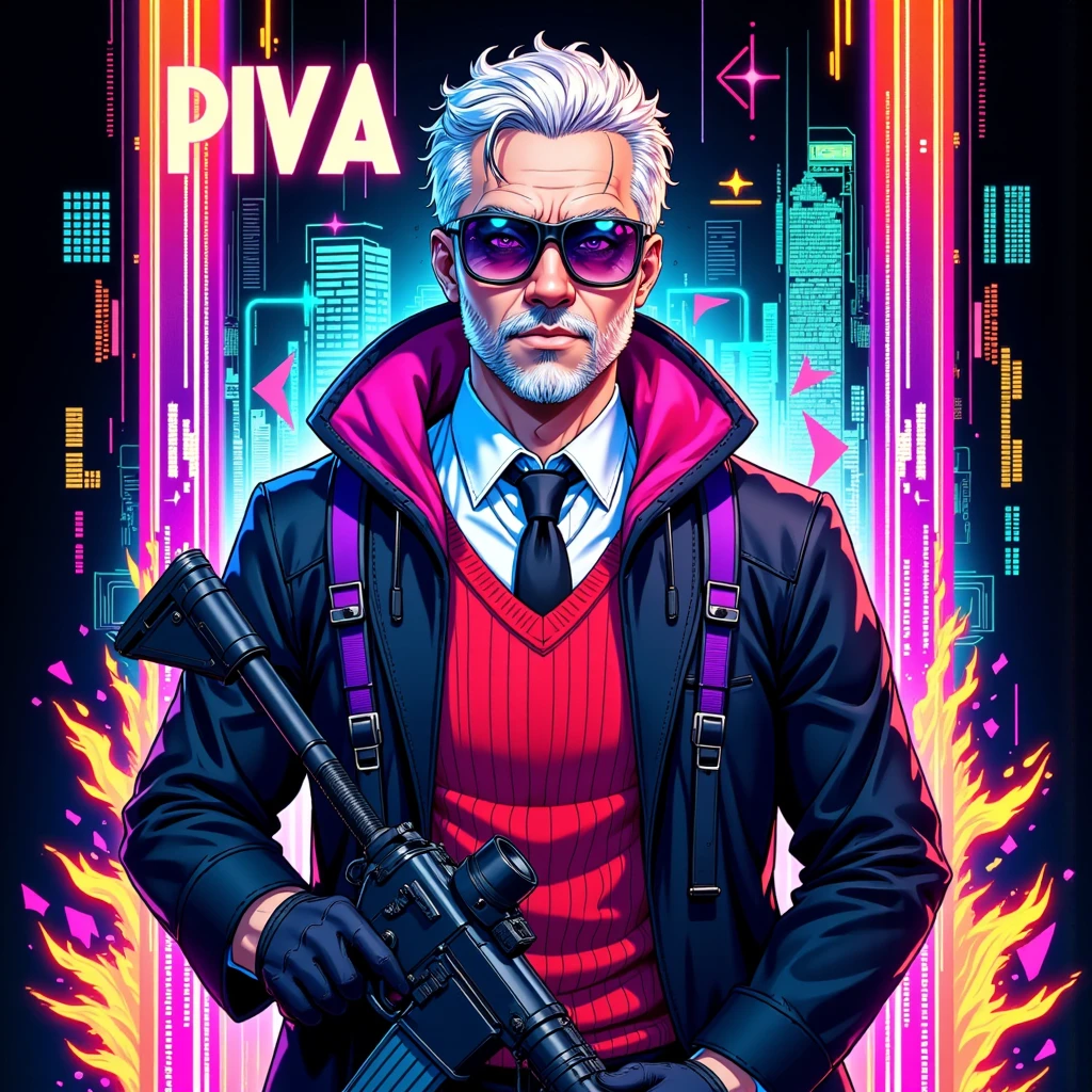 ((Masterpiece)), ((ultra-detailed)), ((vibrant neon glow)), ((cyberpunk style:1.2)) — A **semi-realistic cyberpunk-style illustration** featuring a **charismatic older male character** inspired by **PIVA**, a **futuristic soldier**. He has **spiked white hair**, a **neatly groomed beard**, and wears **stylish black sunglasses** over a **cyber-enhanced helmet with glowing optics**. His attire combines a **high-collared jacket with purple neon trim**, a **red sweater vest**, and a **formal tie**, alongside **intricate tech circuitry patterns** subtly embedded in his outfit.  

The character holds a sleek, **sci-fi weapon** with **digital HUD displays**, exuding confidence in a **slightly turned upper-body pose**. Surrounding him is a **dynamic holographic background** with **glitch effects**, **neon-drenched cityscapes**, and **pulsating tech grids**, enriched by a vivid cyberpunk color palette of **electric blues, neon purples, vivid greens, and fiery oranges**.  

The composition integrates **Cs-themed elements**, such as pixelated crosshairs, stylized kill streak symbols, and bold **“PIVA” typography** in the upper frame. Vibrant holographic overlays and shifting hues add depth and intensity, blending **semi-realism** with **stylized aesthetics**.  

The design highlights **PIVA's charisma**, merging a sophisticated cyberpunk aesthetic with the energy of **gaming culture**. It’s a balance of **futuristic technology, glowing neon details**, and **commanding presence**, perfect for **stickers or vibrant digital illustrations**.  

**(cyberpunk Piva, charismatic character, futuristic soldier, holographic effects, glitch designs, neon glow, sci-fi weapon, electric colors, Cs-themed, gaming culture, vibrant portrait, high-tech aesthetic, dynamic composition)**  