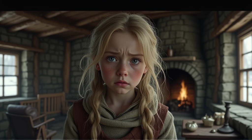 England, 1327. A little ((((8-year-old)) Gwenda)), rustic, freckles, at the inn, ((terrified expression)), screaming, crying. ((((clothings from the 1300s)))), ((blond hairstyle of the 1300s))