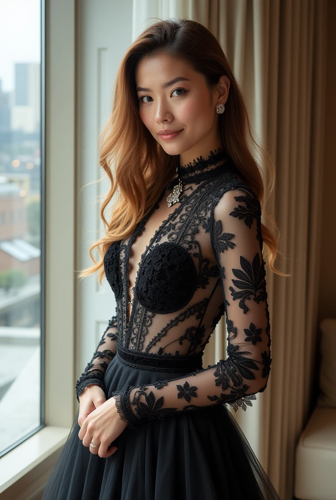 Young Thai woman, fit physique, fitness physique, wearing sexy black lingerie sitting on the couch with legs open, corps sexy, (8K), (best quality), (chef-d&#39;artwork:1.3), (Realistic), (photorealistic:1.34), Ultra-detailed, [Beautiful detailed eyes], (sourire), (sourire), (beautiful nose detailed), [very long blonde hair], (haut court), lingerie noire, (superbes seins taille normale), (Gros plan), Profondeur de champ, full body view, sitting on sofa, legs spread, montrant l&#39;entrejambe, pieds en l'air