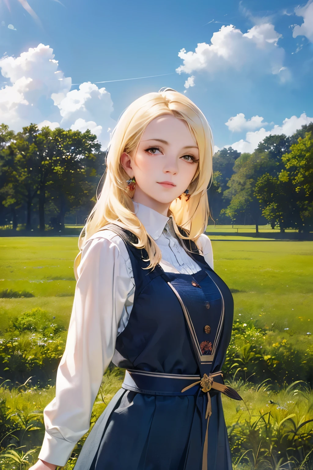 a girl standing in a field, blonde hair, radiant smile, whimsical expression, beautiful detailed eyes, beautiful detailed lips, extremely detailed face, long eyelashes, wearing a colorful flowing dress, fantasy magical realism style, glowing ethereal lighting, vibrant nature environment, lush green grass, blue sky with wispy clouds, golden hour warm tones, (best quality,4k,8k,highres,masterpiece:1.2),ultra-detailed,(realistic,photorealistic,photo-realistic:1.37)