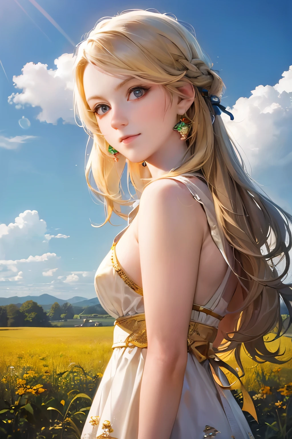 a girl standing in a field, blonde hair, radiant smile, whimsical expression, beautiful detailed eyes, beautiful detailed lips, extremely detailed face, long eyelashes, wearing a colorful flowing dress, fantasy magical realism style, glowing ethereal lighting, vibrant nature environment, lush green grass, blue sky with wispy clouds, golden hour warm tones, (best quality,4k,8k,highres,masterpiece:1.2),ultra-detailed,(realistic,photorealistic,photo-realistic:1.37)