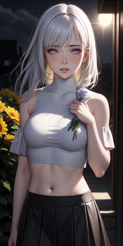 realistic, 1girl, white hair, purple eyes, glowing eyes, crop top, skirt, parted lips, blush, night, flowers, sun, sunlight,