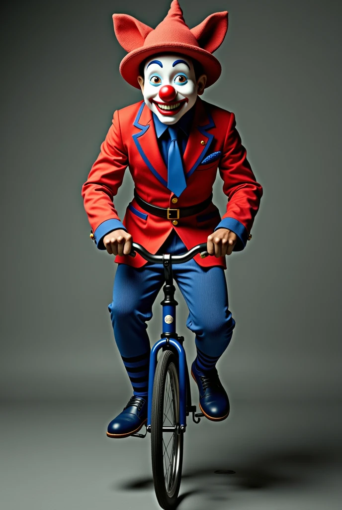 A scary clown riding a unicycle
