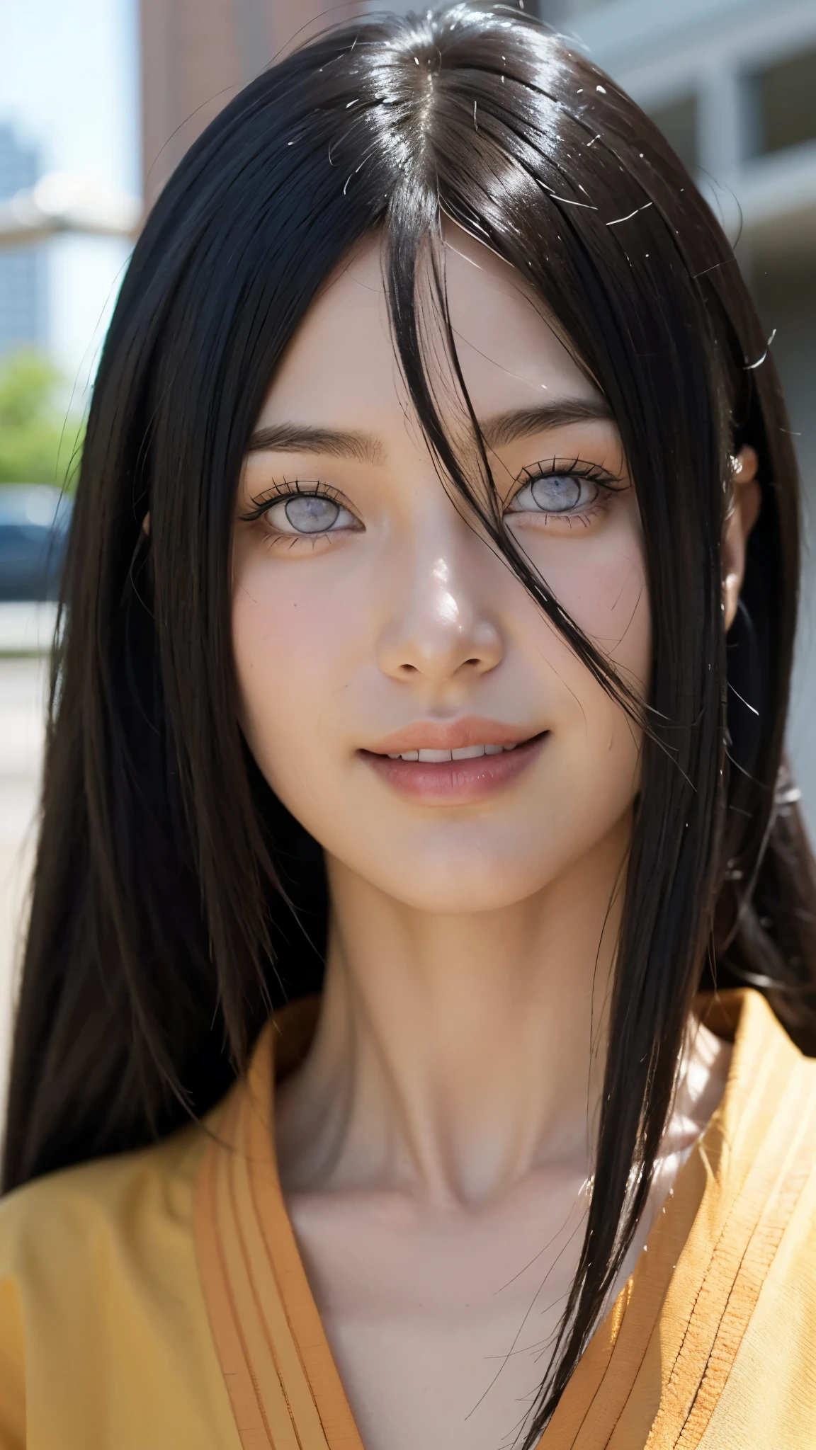 a close up of a person with long hair and a yellow jacket, hyuga hanabi, hyuga hanabi from naruto shippuden, as an anime character, perfect anime face, she has black hair with bangs, shemale anime character, anime character, anime best man, hime cut hairstyle, black hair, white eyes, byakugan eyes, smile, realistic, ultra detail, city background, (beautiful face:1.3)