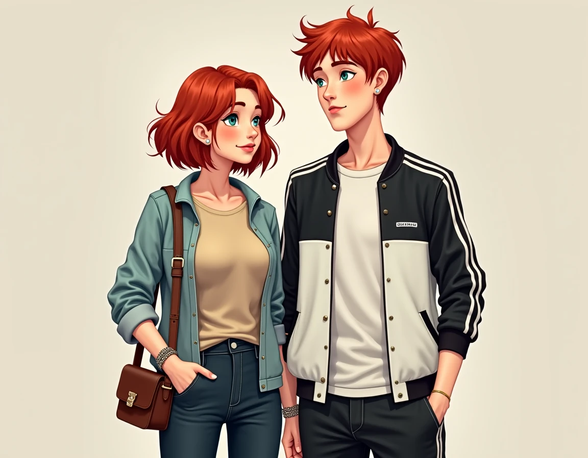 Two characters, one with red hair, the other with dark brown, one with a purple shirt and the other with a sea green shirt and both with jeans, one with green eyes, the other with blue eyes, nails, both painted with sardines.
