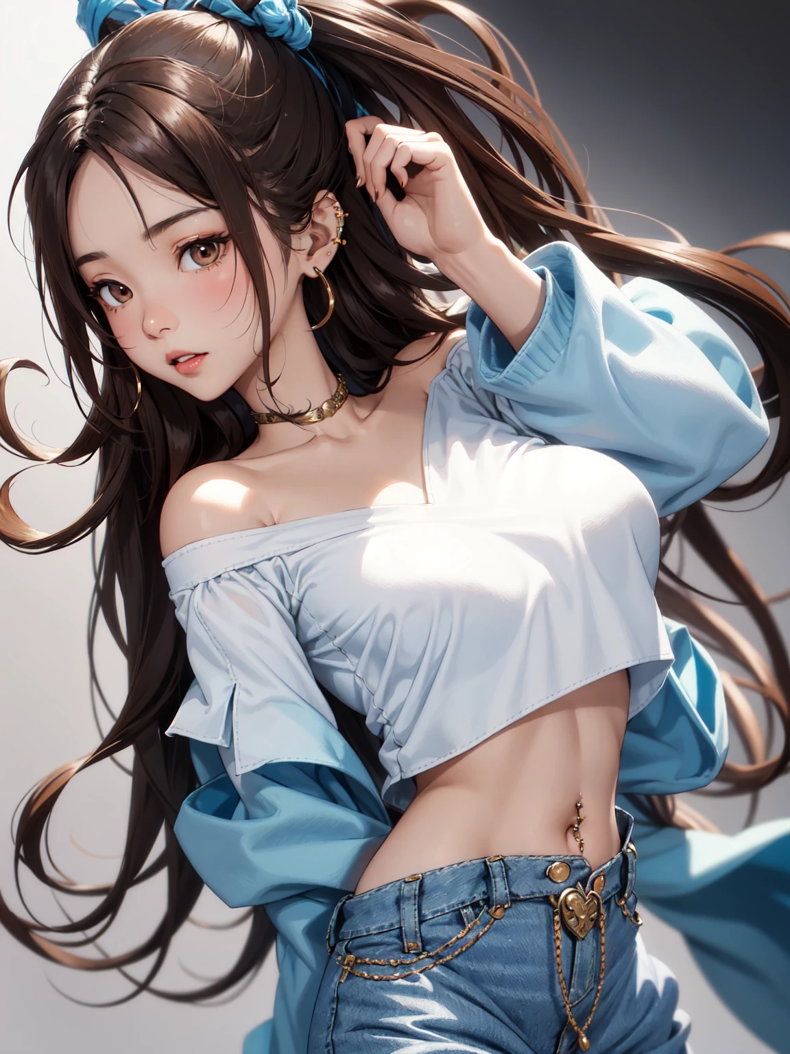 detailed eyes , huge breasts , braided hairstyle , portrait , white t-shirt , dolphin shorts , black background , black hair , smile , black eyes , attention
